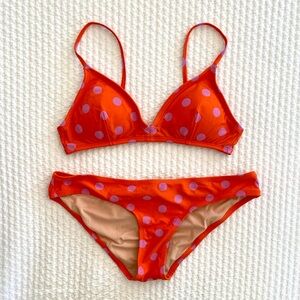 J. Crew Bikini, Orangey Red with Pink Polka Dots, Size Small
